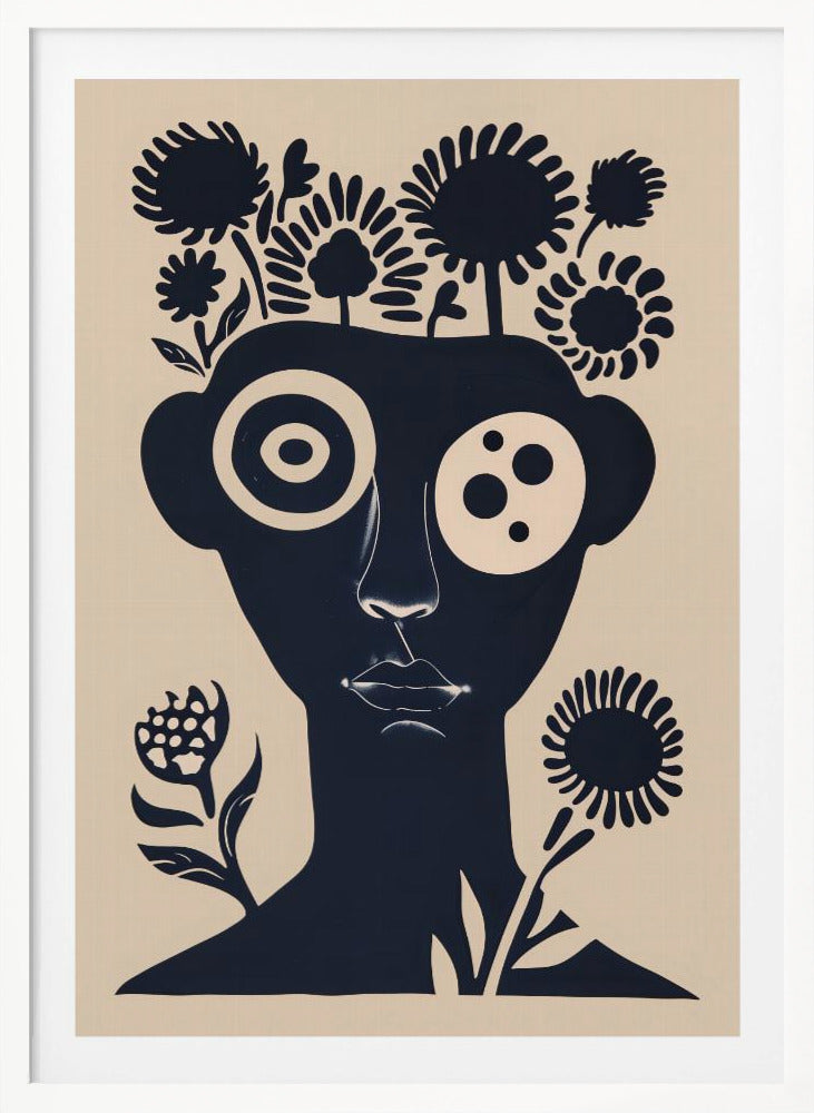 A two-tone abstract portrait of a person's head and shoulders in dark navy blue against a cream background. Stylized flowers and trees grow from the top of the head like hair. The eyes are large and graphic, one a target-like pattern and the other with multiple dots. The piece has a modern, minimalist, and surreal feel. Poster