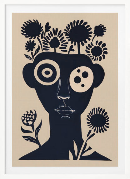 A two-tone abstract portrait of a person's head and shoulders in dark navy blue against a cream background. Stylized flowers and trees grow from the top of the head like hair. The eyes are large and graphic, one a target-like pattern and the other with multiple dots. The piece has a modern, minimalist, and surreal feel. Poster