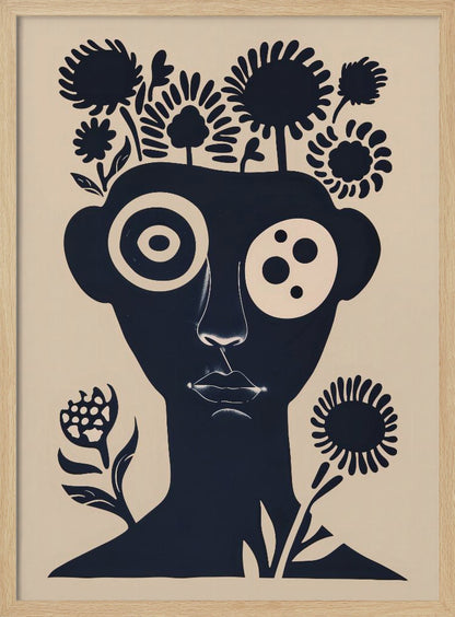 A two-tone abstract portrait of a person's head and shoulders in dark navy blue against a cream background. Stylized flowers and trees grow from the top of the head like hair. The eyes are large and graphic, one a target-like pattern and the other with multiple dots. The piece has a modern, minimalist, and surreal feel. Poster