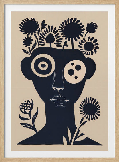 A two-tone abstract portrait of a person's head and shoulders in dark navy blue against a cream background. Stylized flowers and trees grow from the top of the head like hair. The eyes are large and graphic, one a target-like pattern and the other with multiple dots. The piece has a modern, minimalist, and surreal feel. Poster