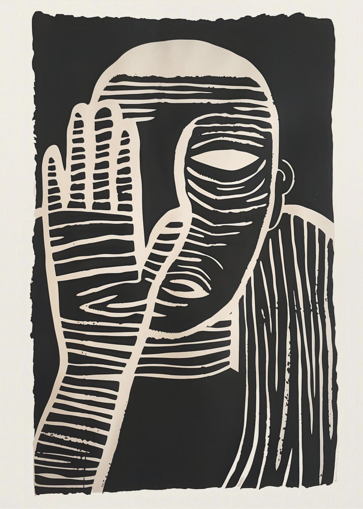 A high-contrast black and white linocut or woodcut print depicting a person from the chest up. The figure holds a hand up to their face, partially obscuring it, with one eye visible. The artwork is characterized by bold, white horizontal and vertical lines carved out of a solid black background. Print