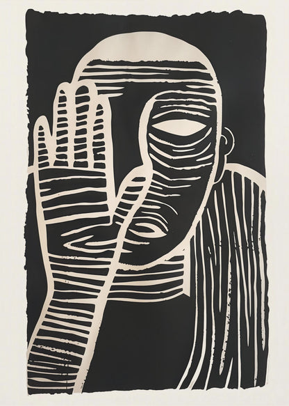 A high-contrast black and white linocut or woodcut print depicting a person from the chest up. The figure holds a hand up to their face, partially obscuring it, with one eye visible. The artwork is characterized by bold, white horizontal and vertical lines carved out of a solid black background. Print