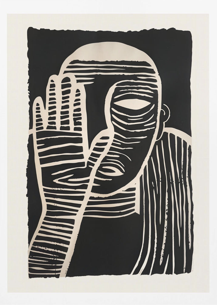 A high-contrast black and white linocut or woodcut print depicting a person from the chest up. The figure holds a hand up to their face, partially obscuring it, with one eye visible. The artwork is characterized by bold, white horizontal and vertical lines carved out of a solid black background. Print