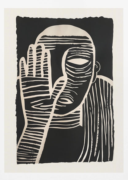 A high-contrast black and white linocut or woodcut print depicting a person from the chest up. The figure holds a hand up to their face, partially obscuring it, with one eye visible. The artwork is characterized by bold, white horizontal and vertical lines carved out of a solid black background. Print