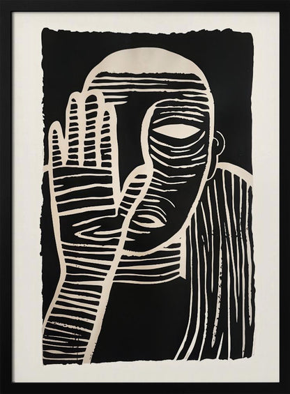 A high-contrast black and white linocut or woodcut print depicting a person from the chest up. The figure holds a hand up to their face, partially obscuring it, with one eye visible. The artwork is characterized by bold, white horizontal and vertical lines carved out of a solid black background. Print