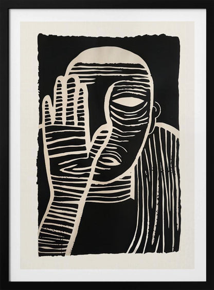 A high-contrast black and white linocut or woodcut print depicting a person from the chest up. The figure holds a hand up to their face, partially obscuring it, with one eye visible. The artwork is characterized by bold, white horizontal and vertical lines carved out of a solid black background. Print