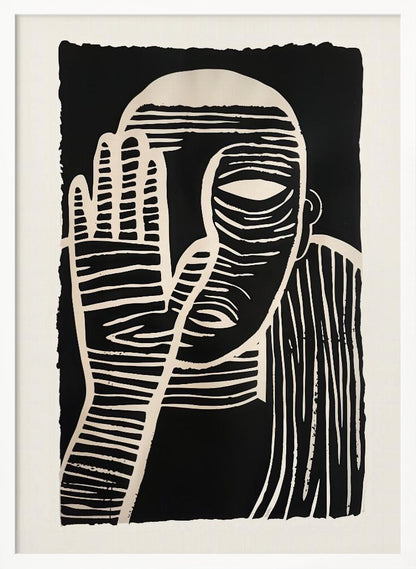A high-contrast black and white linocut or woodcut print depicting a person from the chest up. The figure holds a hand up to their face, partially obscuring it, with one eye visible. The artwork is characterized by bold, white horizontal and vertical lines carved out of a solid black background. Print