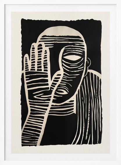 A high-contrast black and white linocut or woodcut print depicting a person from the chest up. The figure holds a hand up to their face, partially obscuring it, with one eye visible. The artwork is characterized by bold, white horizontal and vertical lines carved out of a solid black background. Print