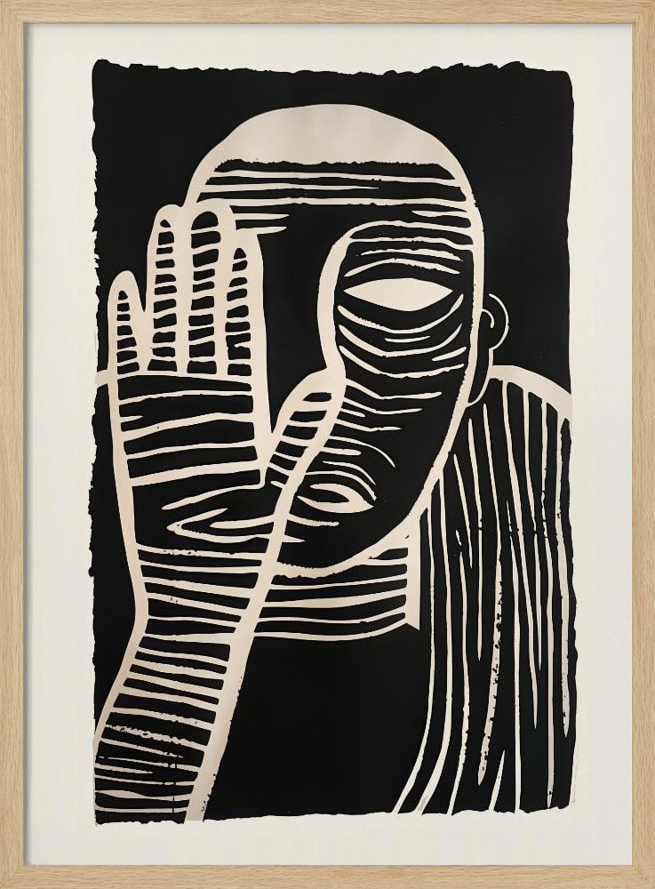A high-contrast black and white linocut or woodcut print depicting a person from the chest up. The figure holds a hand up to their face, partially obscuring it, with one eye visible. The artwork is characterized by bold, white horizontal and vertical lines carved out of a solid black background. Print