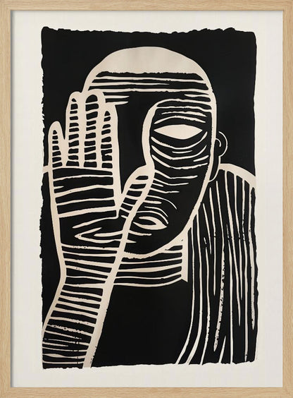 A high-contrast black and white linocut or woodcut print depicting a person from the chest up. The figure holds a hand up to their face, partially obscuring it, with one eye visible. The artwork is characterized by bold, white horizontal and vertical lines carved out of a solid black background. Print
