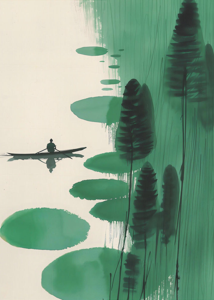 A minimalist, Asian-inspired ink painting depicting a lone figure in a small black boat on a calm, off-white body of water. The right side of the artwork features abstract green shapes, including large lily pad-like forms and tall, dark stylized trees or reeds against a background of vertical green brushstrokes. The scene evokes a sense of tranquility and solitude. Print