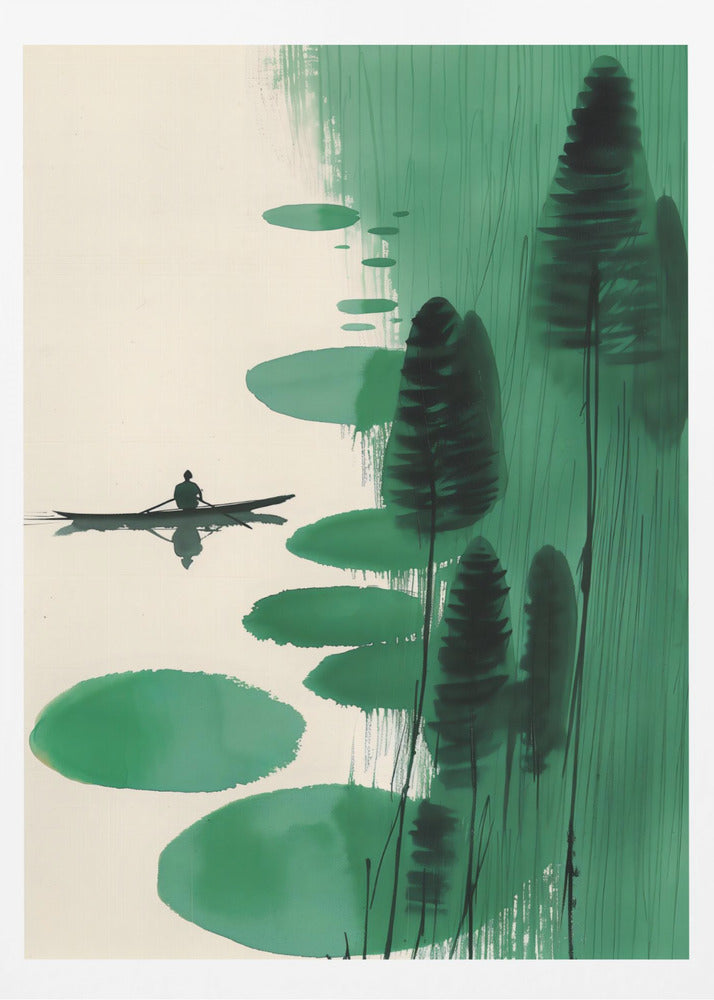 A minimalist, Asian-inspired ink painting depicting a lone figure in a small black boat on a calm, off-white body of water. The right side of the artwork features abstract green shapes, including large lily pad-like forms and tall, dark stylized trees or reeds against a background of vertical green brushstrokes. The scene evokes a sense of tranquility and solitude. Print