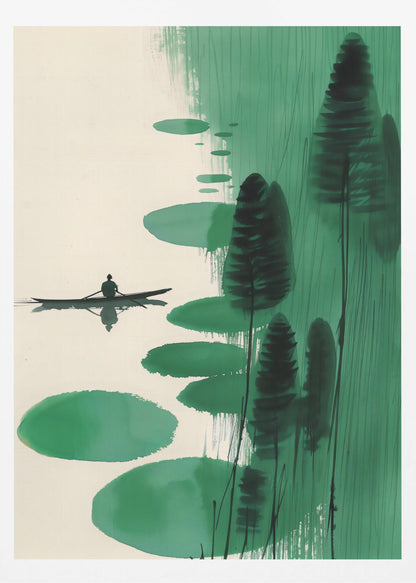 A minimalist, Asian-inspired ink painting depicting a lone figure in a small black boat on a calm, off-white body of water. The right side of the artwork features abstract green shapes, including large lily pad-like forms and tall, dark stylized trees or reeds against a background of vertical green brushstrokes. The scene evokes a sense of tranquility and solitude. Print