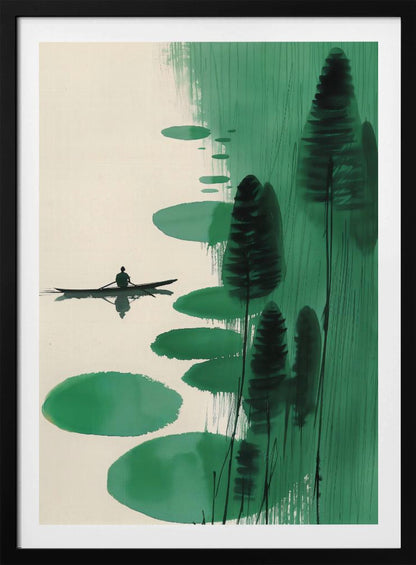 A minimalist, Asian-inspired ink painting depicting a lone figure in a small black boat on a calm, off-white body of water. The right side of the artwork features abstract green shapes, including large lily pad-like forms and tall, dark stylized trees or reeds against a background of vertical green brushstrokes. The scene evokes a sense of tranquility and solitude. Print