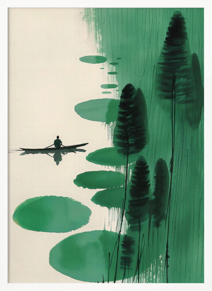 A minimalist, Asian-inspired ink painting depicting a lone figure in a small black boat on a calm, off-white body of water. The right side of the artwork features abstract green shapes, including large lily pad-like forms and tall, dark stylized trees or reeds against a background of vertical green brushstrokes. The scene evokes a sense of tranquility and solitude. Print
