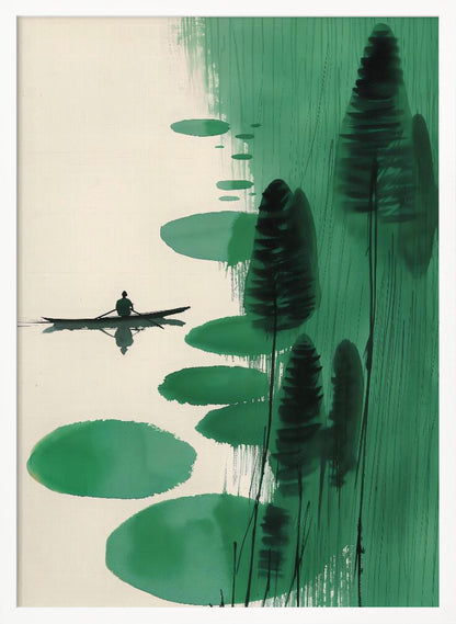 A minimalist, Asian-inspired ink painting depicting a lone figure in a small black boat on a calm, off-white body of water. The right side of the artwork features abstract green shapes, including large lily pad-like forms and tall, dark stylized trees or reeds against a background of vertical green brushstrokes. The scene evokes a sense of tranquility and solitude. Print