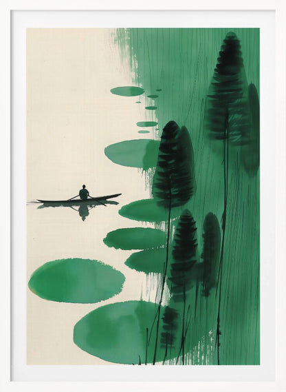 A minimalist, Asian-inspired ink painting depicting a lone figure in a small black boat on a calm, off-white body of water. The right side of the artwork features abstract green shapes, including large lily pad-like forms and tall, dark stylized trees or reeds against a background of vertical green brushstrokes. The scene evokes a sense of tranquility and solitude. Print