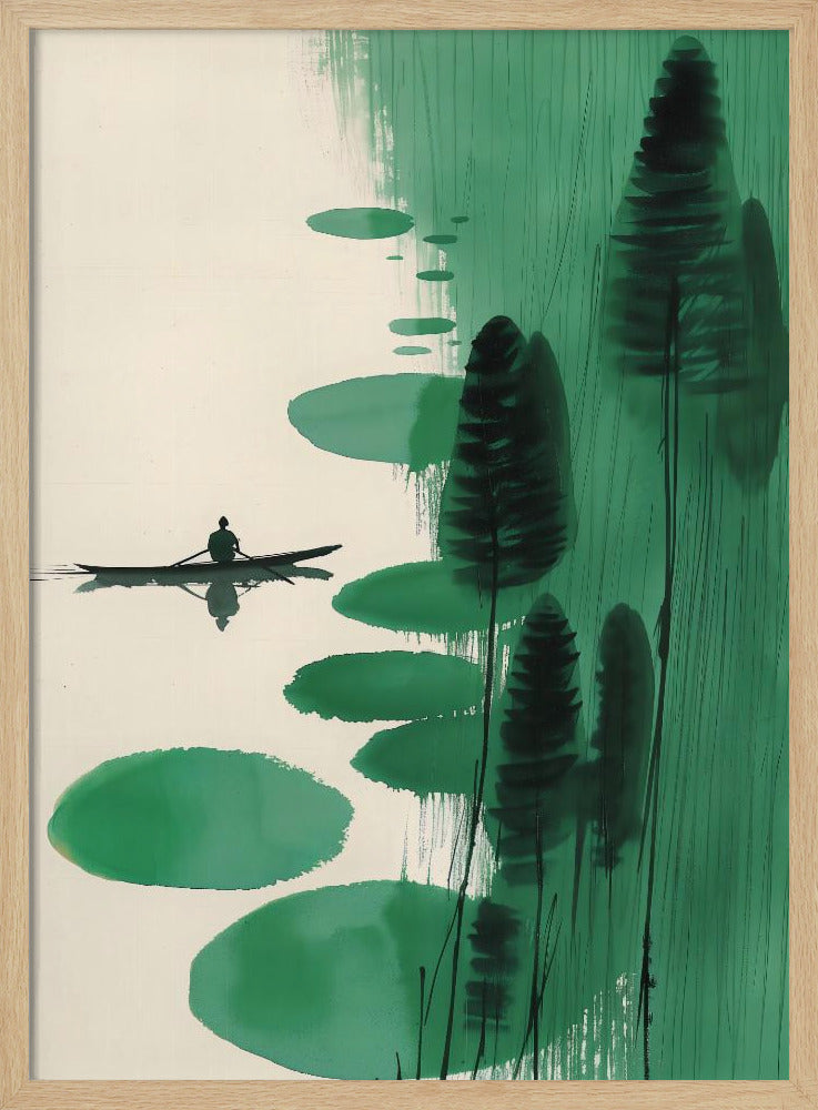 A minimalist, Asian-inspired ink painting depicting a lone figure in a small black boat on a calm, off-white body of water. The right side of the artwork features abstract green shapes, including large lily pad-like forms and tall, dark stylized trees or reeds against a background of vertical green brushstrokes. The scene evokes a sense of tranquility and solitude. Print