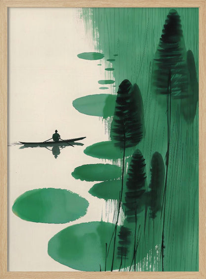 A minimalist, Asian-inspired ink painting depicting a lone figure in a small black boat on a calm, off-white body of water. The right side of the artwork features abstract green shapes, including large lily pad-like forms and tall, dark stylized trees or reeds against a background of vertical green brushstrokes. The scene evokes a sense of tranquility and solitude. Print