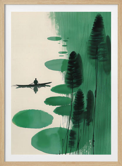 A minimalist, Asian-inspired ink painting depicting a lone figure in a small black boat on a calm, off-white body of water. The right side of the artwork features abstract green shapes, including large lily pad-like forms and tall, dark stylized trees or reeds against a background of vertical green brushstrokes. The scene evokes a sense of tranquility and solitude. Print
