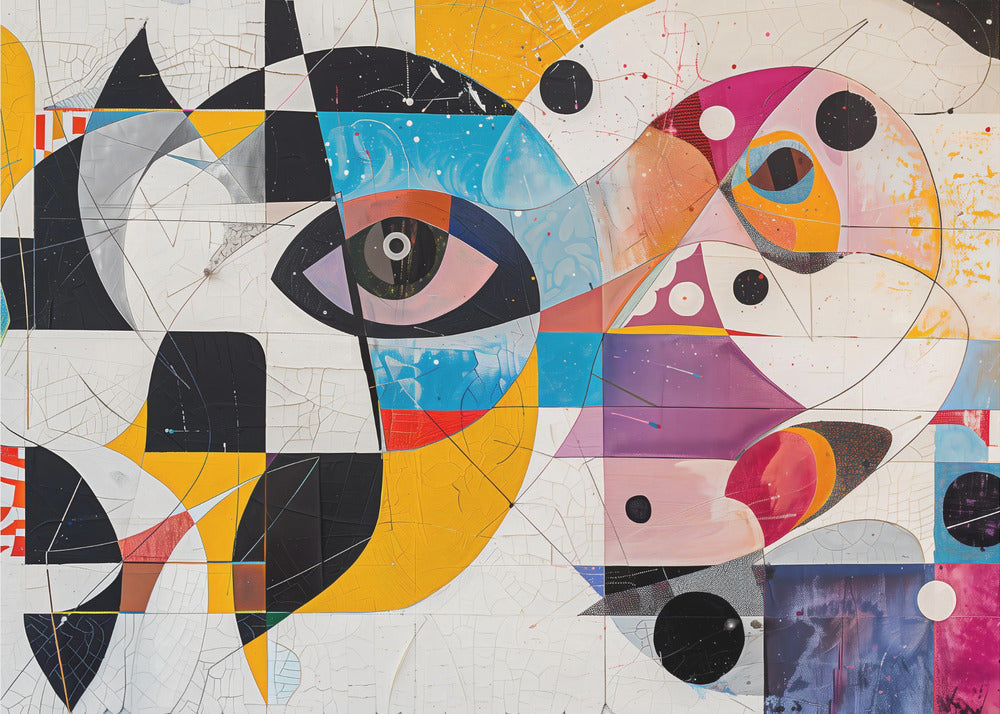 A vibrant and complex abstract painting in a silver frame. The artwork features a large, stylized eye as a central focus, surrounded by a fragmented collage of geometric shapes, bold lines, and vivid colors including yellow, blue, and magenta. Elements like black and white checkerboard patterns and scattered black circles add to the dynamic composition, all set against a textured, crackled white background. Print
