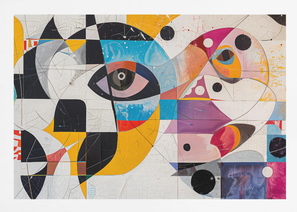 A vibrant and complex abstract painting in a silver frame. The artwork features a large, stylized eye as a central focus, surrounded by a fragmented collage of geometric shapes, bold lines, and vivid colors including yellow, blue, and magenta. Elements like black and white checkerboard patterns and scattered black circles add to the dynamic composition, all set against a textured, crackled white background. Print