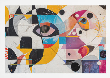 A vibrant and complex abstract painting in a silver frame. The artwork features a large, stylized eye as a central focus, surrounded by a fragmented collage of geometric shapes, bold lines, and vivid colors including yellow, blue, and magenta. Elements like black and white checkerboard patterns and scattered black circles add to the dynamic composition, all set against a textured, crackled white background. Print