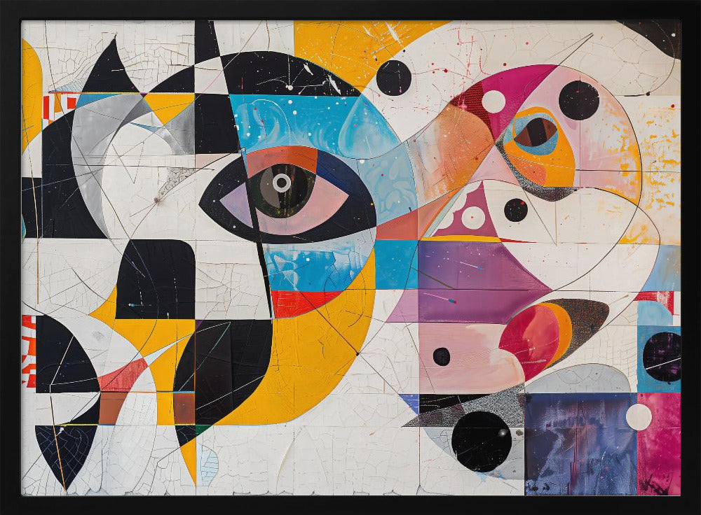 A vibrant and complex abstract painting in a silver frame. The artwork features a large, stylized eye as a central focus, surrounded by a fragmented collage of geometric shapes, bold lines, and vivid colors including yellow, blue, and magenta. Elements like black and white checkerboard patterns and scattered black circles add to the dynamic composition, all set against a textured, crackled white background. Print
