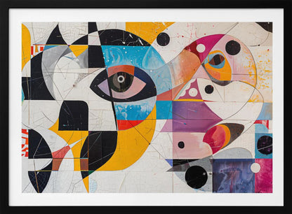 A vibrant and complex abstract painting in a silver frame. The artwork features a large, stylized eye as a central focus, surrounded by a fragmented collage of geometric shapes, bold lines, and vivid colors including yellow, blue, and magenta. Elements like black and white checkerboard patterns and scattered black circles add to the dynamic composition, all set against a textured, crackled white background. Print
