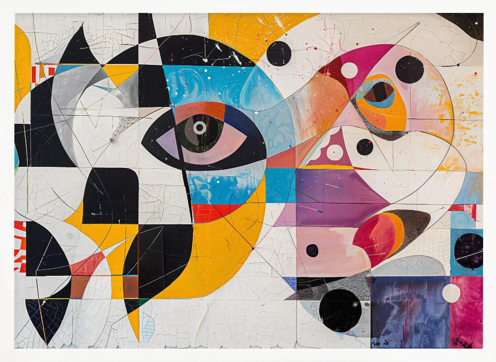 A vibrant and complex abstract painting in a silver frame. The artwork features a large, stylized eye as a central focus, surrounded by a fragmented collage of geometric shapes, bold lines, and vivid colors including yellow, blue, and magenta. Elements like black and white checkerboard patterns and scattered black circles add to the dynamic composition, all set against a textured, crackled white background. Print