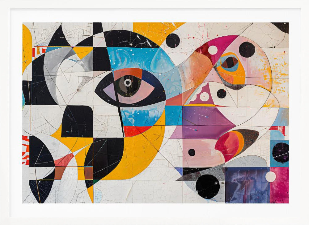 A vibrant and complex abstract painting in a silver frame. The artwork features a large, stylized eye as a central focus, surrounded by a fragmented collage of geometric shapes, bold lines, and vivid colors including yellow, blue, and magenta. Elements like black and white checkerboard patterns and scattered black circles add to the dynamic composition, all set against a textured, crackled white background. Print