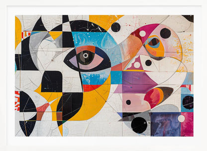 A vibrant and complex abstract painting in a silver frame. The artwork features a large, stylized eye as a central focus, surrounded by a fragmented collage of geometric shapes, bold lines, and vivid colors including yellow, blue, and magenta. Elements like black and white checkerboard patterns and scattered black circles add to the dynamic composition, all set against a textured, crackled white background. Print