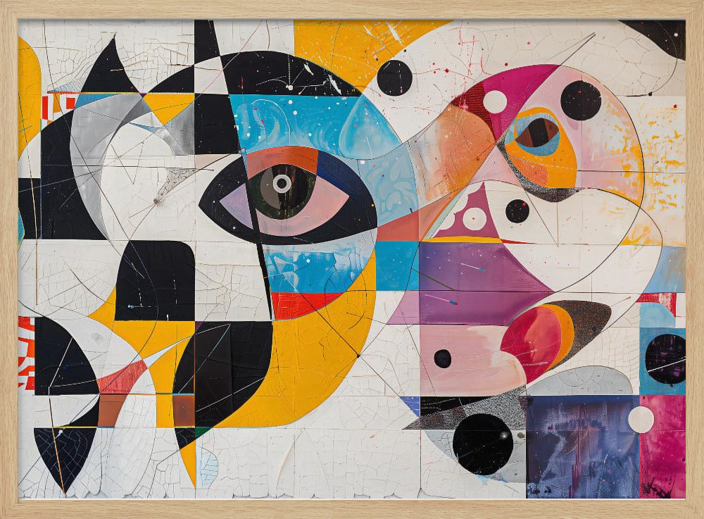 A vibrant and complex abstract painting in a silver frame. The artwork features a large, stylized eye as a central focus, surrounded by a fragmented collage of geometric shapes, bold lines, and vivid colors including yellow, blue, and magenta. Elements like black and white checkerboard patterns and scattered black circles add to the dynamic composition, all set against a textured, crackled white background. Print