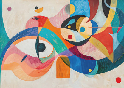 A vibrant abstract painting in a silver frame, featuring a dynamic composition of overlapping geometric and biomorphic shapes. The artwork is rich with color, including bold blues, oranges, reds, pinks, and yellows, with stylized eye-like forms and bird-like figures against a textured off-white background. Artwork