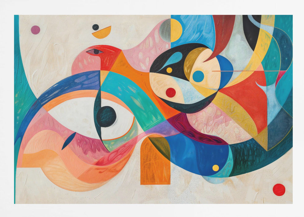A vibrant abstract painting in a silver frame, featuring a dynamic composition of overlapping geometric and biomorphic shapes. The artwork is rich with color, including bold blues, oranges, reds, pinks, and yellows, with stylized eye-like forms and bird-like figures against a textured off-white background. Artwork