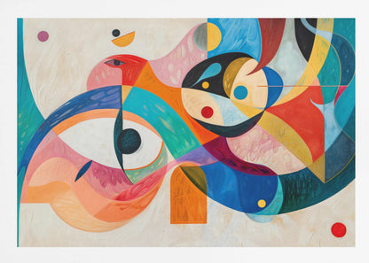 A vibrant abstract painting in a silver frame, featuring a dynamic composition of overlapping geometric and biomorphic shapes. The artwork is rich with color, including bold blues, oranges, reds, pinks, and yellows, with stylized eye-like forms and bird-like figures against a textured off-white background. Artwork