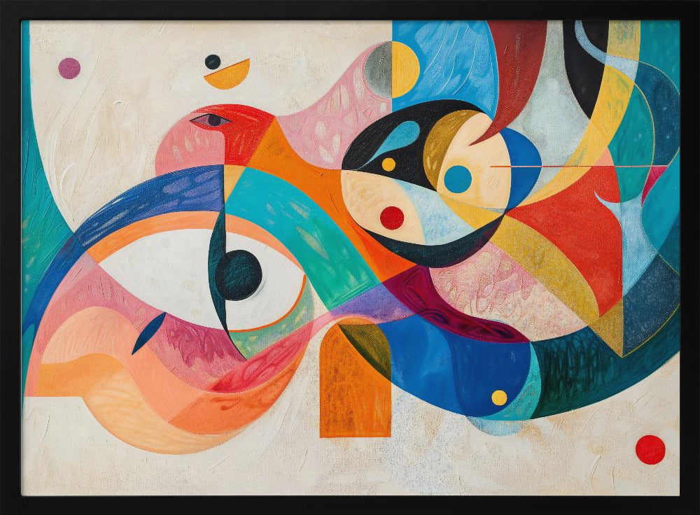 A vibrant abstract painting in a silver frame, featuring a dynamic composition of overlapping geometric and biomorphic shapes. The artwork is rich with color, including bold blues, oranges, reds, pinks, and yellows, with stylized eye-like forms and bird-like figures against a textured off-white background. Artwork
