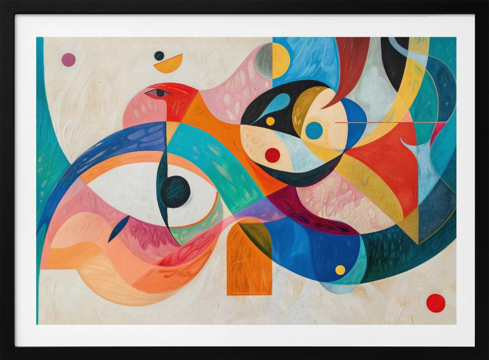 A vibrant abstract painting in a silver frame, featuring a dynamic composition of overlapping geometric and biomorphic shapes. The artwork is rich with color, including bold blues, oranges, reds, pinks, and yellows, with stylized eye-like forms and bird-like figures against a textured off-white background. Artwork