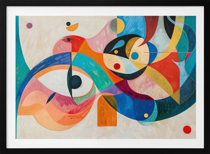 A vibrant abstract painting in a silver frame, featuring a dynamic composition of overlapping geometric and biomorphic shapes. The artwork is rich with color, including bold blues, oranges, reds, pinks, and yellows, with stylized eye-like forms and bird-like figures against a textured off-white background. Artwork