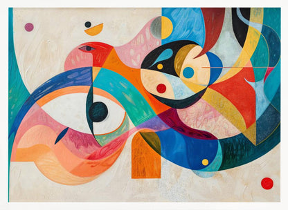 A vibrant abstract painting in a silver frame, featuring a dynamic composition of overlapping geometric and biomorphic shapes. The artwork is rich with color, including bold blues, oranges, reds, pinks, and yellows, with stylized eye-like forms and bird-like figures against a textured off-white background. Artwork