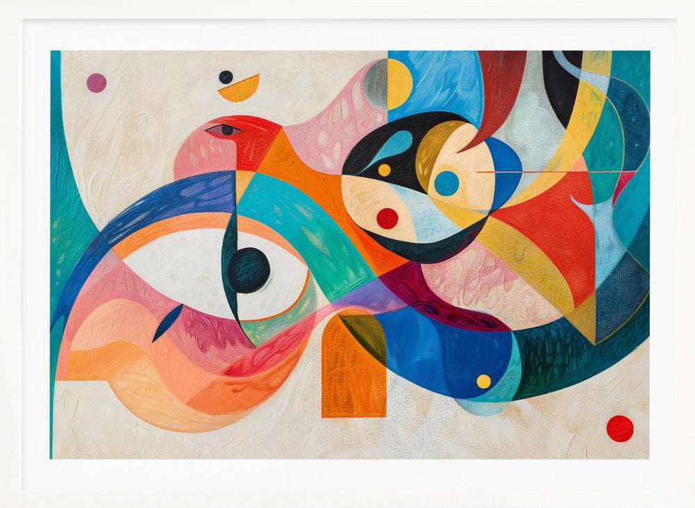 A vibrant abstract painting in a silver frame, featuring a dynamic composition of overlapping geometric and biomorphic shapes. The artwork is rich with color, including bold blues, oranges, reds, pinks, and yellows, with stylized eye-like forms and bird-like figures against a textured off-white background. Artwork