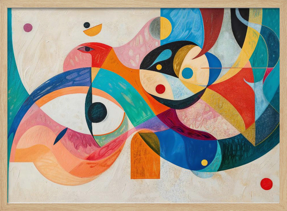 A vibrant abstract painting in a silver frame, featuring a dynamic composition of overlapping geometric and biomorphic shapes. The artwork is rich with color, including bold blues, oranges, reds, pinks, and yellows, with stylized eye-like forms and bird-like figures against a textured off-white background. Artwork
