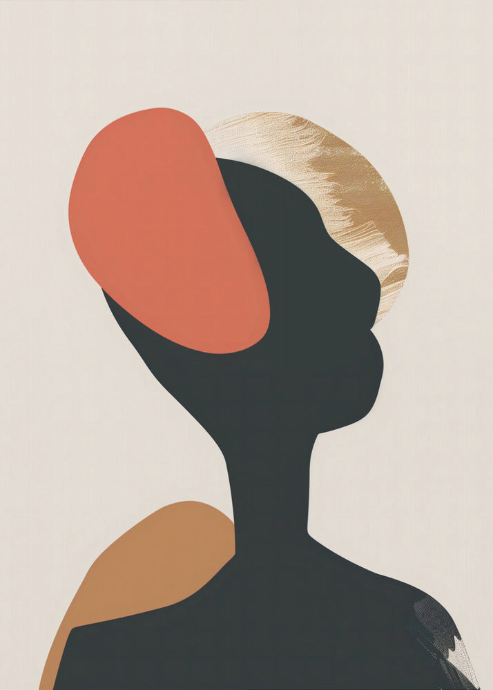 An abstract art print in a black frame featuring the silhouette of a person's head and shoulders against a light beige background. The black silhouette is overlaid with large, organic shapes in burnt orange, ochre, and a textured gold. Decor
