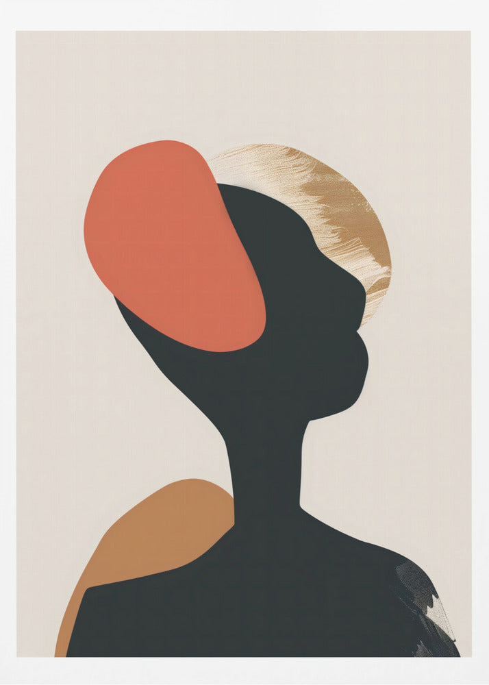 An abstract art print in a black frame featuring the silhouette of a person's head and shoulders against a light beige background. The black silhouette is overlaid with large, organic shapes in burnt orange, ochre, and a textured gold. Decor