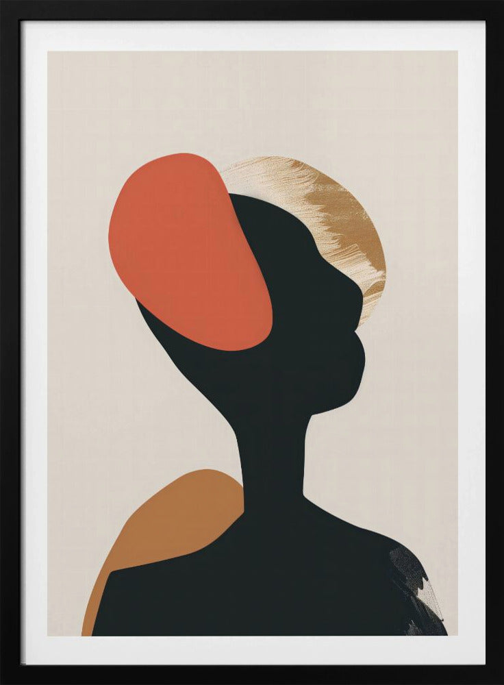An abstract art print in a black frame featuring the silhouette of a person's head and shoulders against a light beige background. The black silhouette is overlaid with large, organic shapes in burnt orange, ochre, and a textured gold. Decor