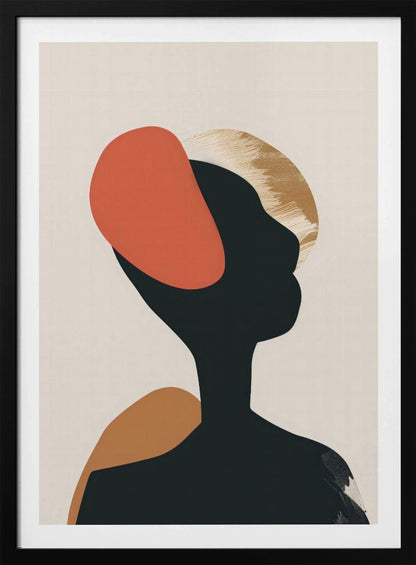 An abstract art print in a black frame featuring the silhouette of a person's head and shoulders against a light beige background. The black silhouette is overlaid with large, organic shapes in burnt orange, ochre, and a textured gold. Decor