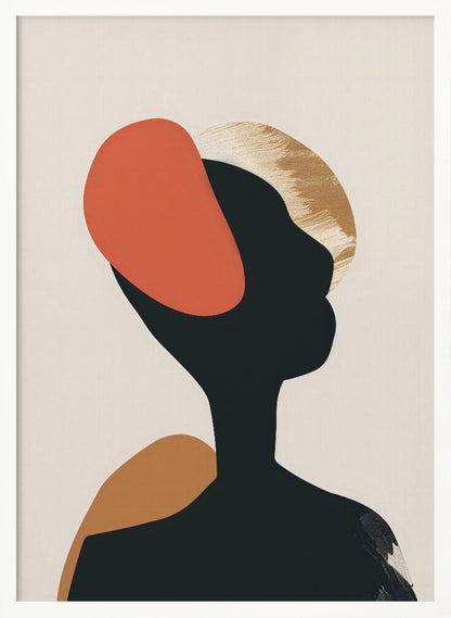 An abstract art print in a black frame featuring the silhouette of a person's head and shoulders against a light beige background. The black silhouette is overlaid with large, organic shapes in burnt orange, ochre, and a textured gold. Decor