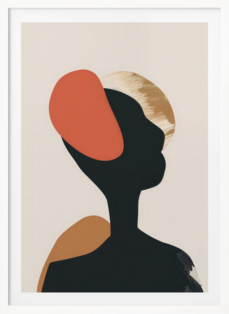 An abstract art print in a black frame featuring the silhouette of a person's head and shoulders against a light beige background. The black silhouette is overlaid with large, organic shapes in burnt orange, ochre, and a textured gold. Decor
