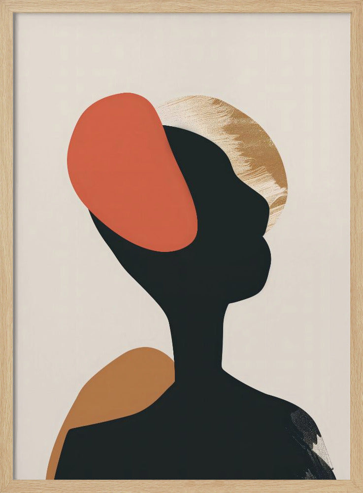 An abstract art print in a black frame featuring the silhouette of a person's head and shoulders against a light beige background. The black silhouette is overlaid with large, organic shapes in burnt orange, ochre, and a textured gold. Decor