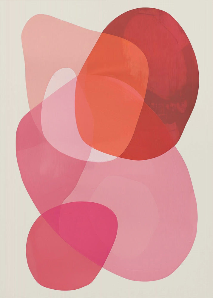 An abstract art print in a black frame, featuring a composition of overlapping, translucent, organic shapes in shades of red, orange, and pink on an off-white background. Print